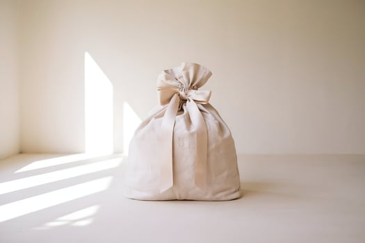 Minimalist beige room with ribbon tied beige bag as centerpiece, soft light streaming photo