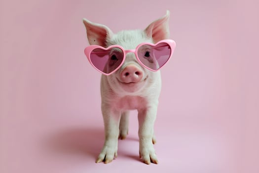 Piglet wears heart shaped sunglasses against soft pink background, playful and whimsical photo