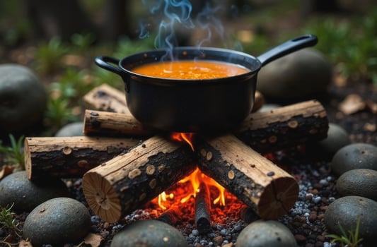 A pot of soup on a campfire in the forest, logs stacked in the shape of a star photo