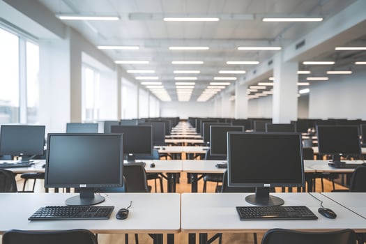 Spacious room with rows of desks and large windows letting in natural light photo