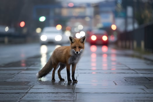Solitary fox stands on a reflective surface with city lights in the blurred background photo