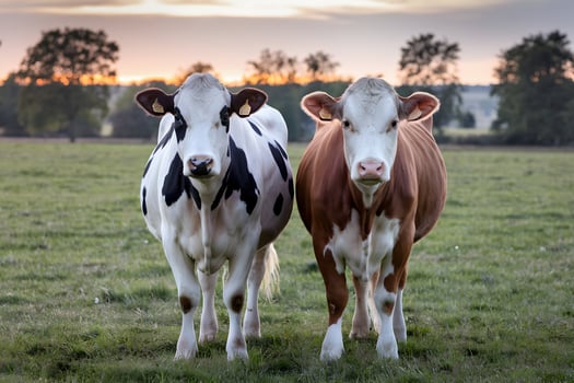 Two cows with heart shaped ear tags standing side by side in a green meadow photo