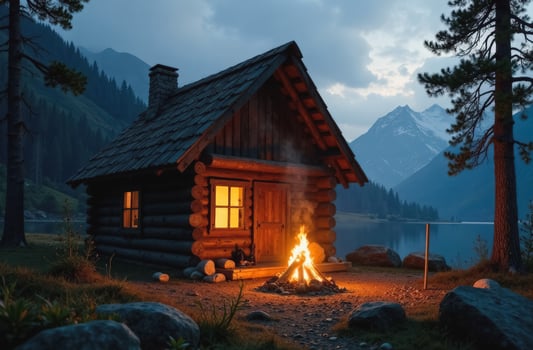 A wooden house with a burning campfire in the shape of a hut in the forest near the lake in the evening photo