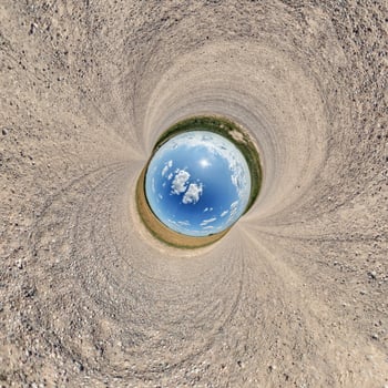 blue hole sphere or globe little planet inside green dry grass or stone with sand frame background photo