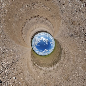 blue hole sphere or globe little planet inside green dry grass or stone with sand frame background photo
