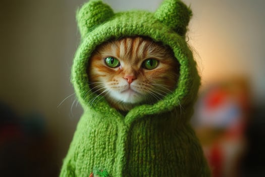 Ginger cat wearing green knitted christmas costume photo