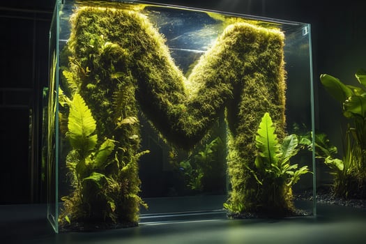 Large letter m made of moss and ferns growing inside aquarium photo