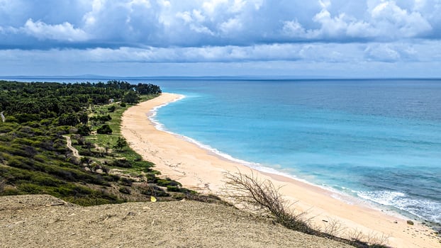 A view of a white sand beach surrounded by vast coconut trees and adorned with clouds in the midday sky, seen from the top of Liman Hill photo