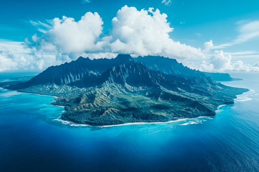 Majestic mountain island in vast sea. photo