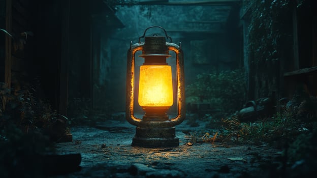 A yellow lantern is lit up in the dark photo