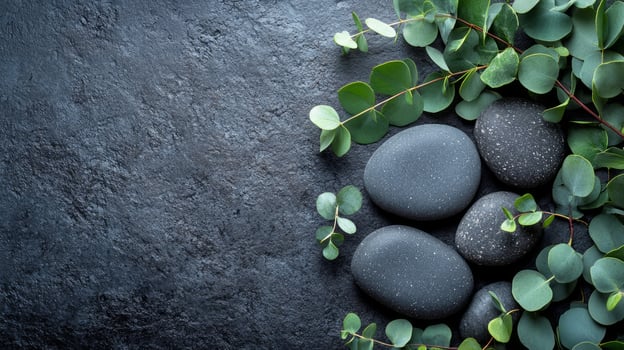 Spa stones and eucalyptus leaves on black stone background photo
