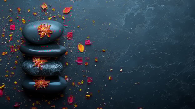 Spa stones with flowers on a dark background photo
