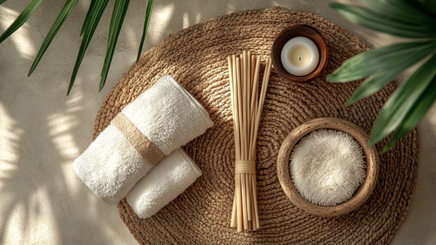 Spa accessories on a table with palm leaves photo