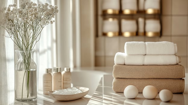 A stack of towels and eggs sit on a counter photo