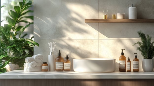 A bathroom with a sink, toilet and shelves with various products photo