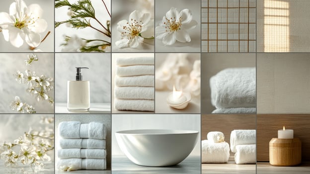 A collage of white towels, bath products and flowers photo