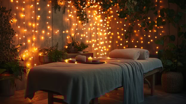 A massage table with candles and plants in the background photo