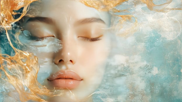 A woman with her eyes closed and her face covered in water photo
