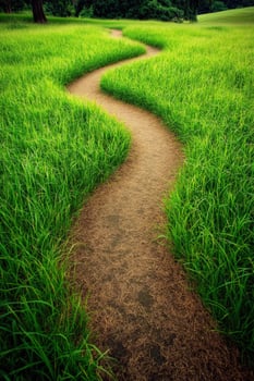 Winding path through lush green grass in a tranquil park photo