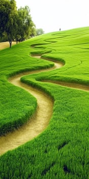 Lush green landscape with winding path through rice fields photo