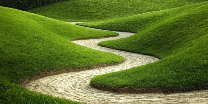 Winding path through lush green hills on a sunny day photo