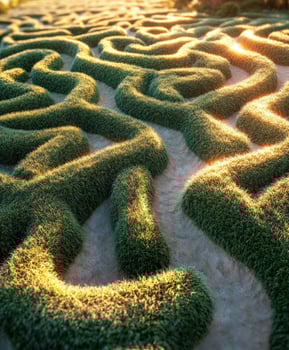 Intricate green maze with sunlight illuminating the paths photo