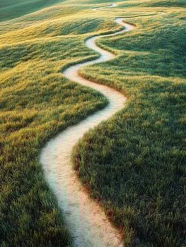 Winding path through lush green fields at sunset photo