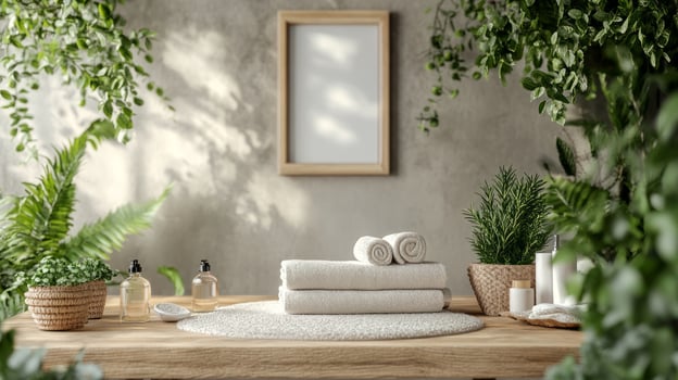 A wooden table with towels and plants in front of a blank frame photo