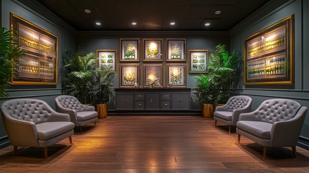 A room with chairs and plants in it photo