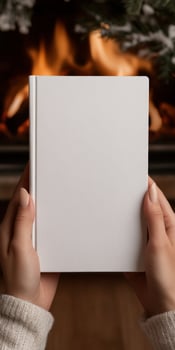 Cozy evening by the fireplace with a blank notebook photo