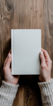 Hands holding a blank diary on a wooden table surface photo