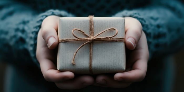 Gift box held by hands against a dark background photo