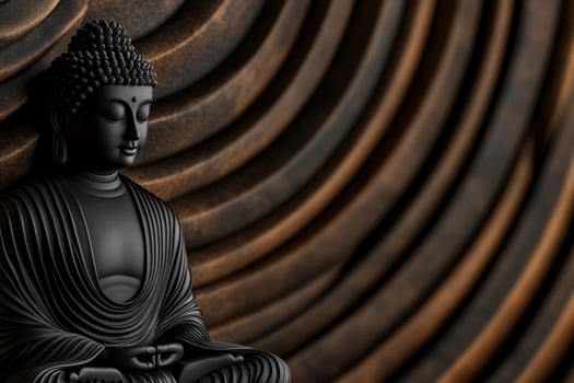 Serene black Buddha statue against textured brown background photo
