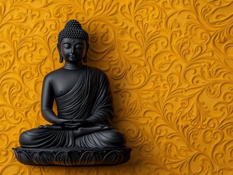 Black Buddha statue against ornate yellow wall design photo