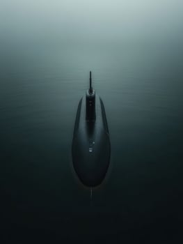 Submarine navigating through calm, mist-covered waters photo