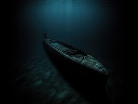 Submarine resting on ocean floor at twilight photo