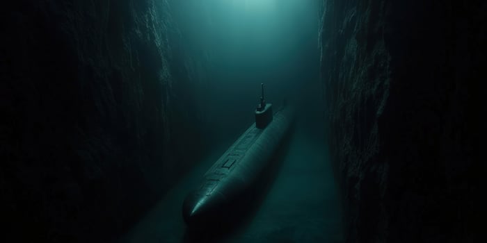 Submarine navigating through deep underwater canyon photo