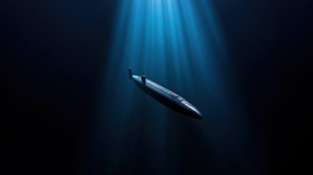 Submarine navigating underwater with beams of light above photo