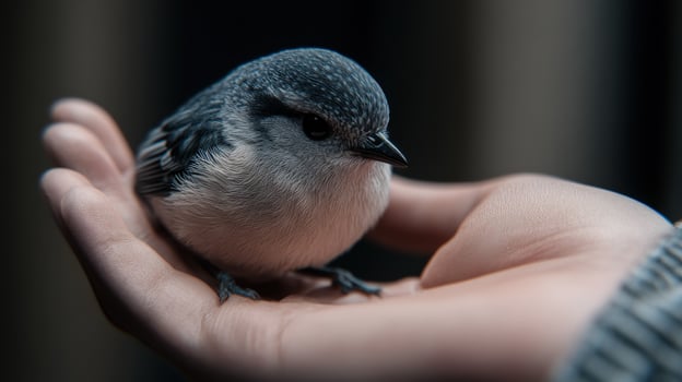 Cute robin perched gently on a human hand in soft light photo