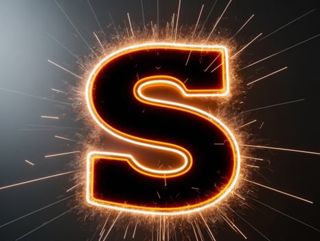 orange neon letter S with electric sparks on black background. photo
