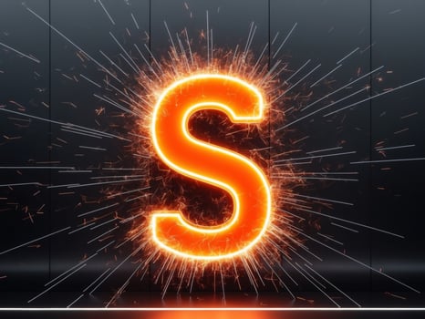 orange neon letter S with electric sparks on black background. photo