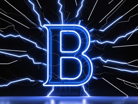 electric blue neon light letter B with lightning effects on black background. photo
