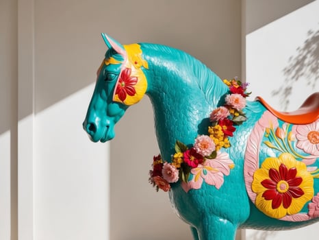 Colorful Decorative Horse with Floral Design. photo