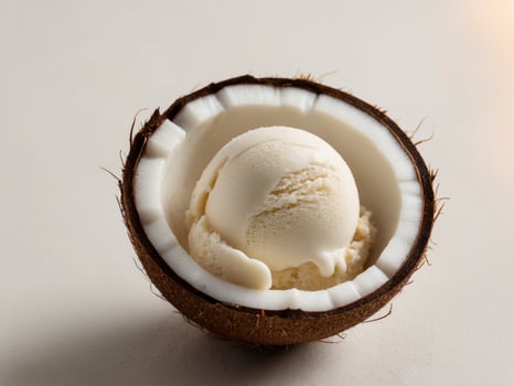 Coconut Ice Cream Served In A Fresh Coconut Shell. photo