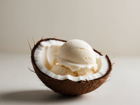 Coconut Ice Cream Served In A Fresh Coconut Shell. photo