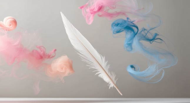 White Feathers Falling Through Pastel Pink and Blue Smoke. photo