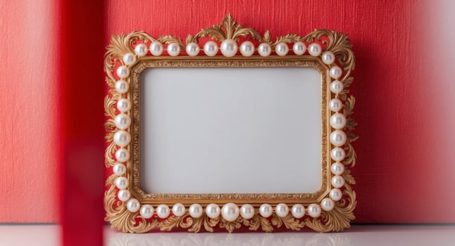 Golden Ornate Frame with Pearls on Red Background. photo