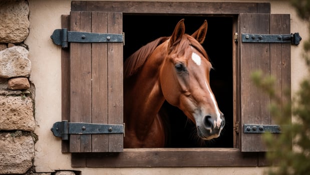 Brown horse looking curiously from stable window. photo