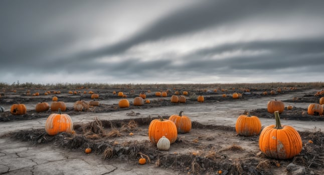 Barren pumpkin patch under a cloudy sky background desolate patch featuring withered pumpkins and eerie shadows from above. photo