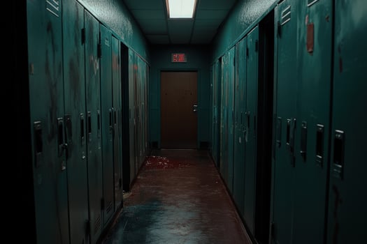 Dark hallway with lockers in an abandoned building photo